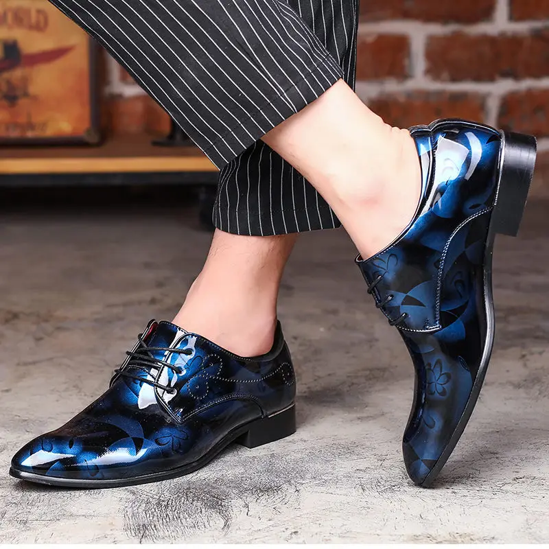 LAISUMK/большие размеры 37-48, Модные Мужские модельные свадебные туфли, мужские туфли на плоской подошве с круглым носком, деловые кожаные туфли на шнуровке в британском стиле - Цвет: blue dress shoes