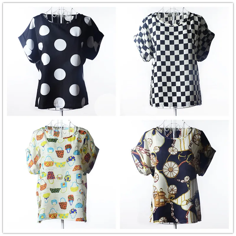 Summer Stars Blouse Women Sunflower Bird Chiffon Print Blouse Stripe Plaid Shirt Cross Love Blouse Short Sleeve Lipstick Shirts (3)