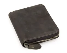 Crazy Horse Leather Men Wallets Genuine Leather Purse Dark Brown Color Short Fold Card Holder Vintage Zip Wallet Men #VP-J8083