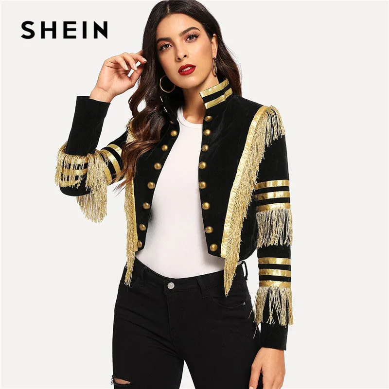 

SHEIN Lady Fringe Patched Metallic Double Breasted Stripe Black Gothic Jacket Women Autumn Stand Collar Cropped Jacket