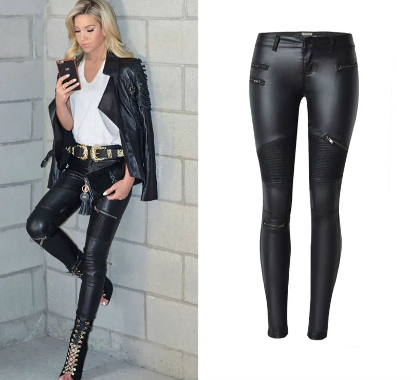 Локомотив черные брюки женские с низкой талией из искусственной кожи Pantalones Mujer Push