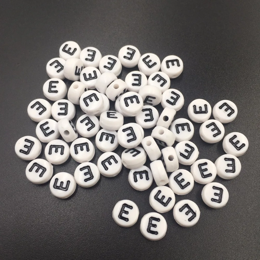 Free Shipping 100PCs 4*7MM Single Initial Letter E Acrylic Beads White with Black Printing Individual Alphabet Jewelry | Украшения и