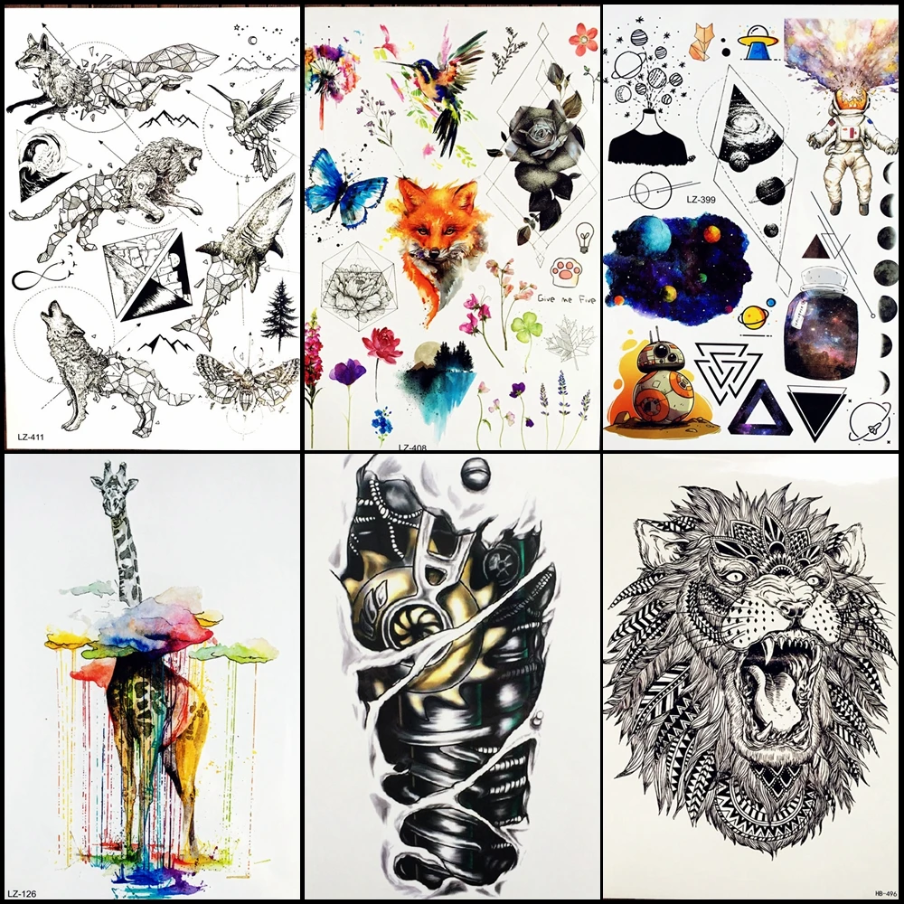 097 24 De Réductionroi De La Jungle Géométrique Renard Requin Papillon Temporaire Tatouage Colibri Imperméable Faux Noir Lion Tatouage Autocollant