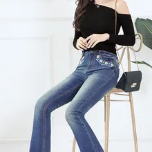 Весна Стрейч Вышивка джинсы женские брюки высокая талия живот визуальное уменьшение бедер