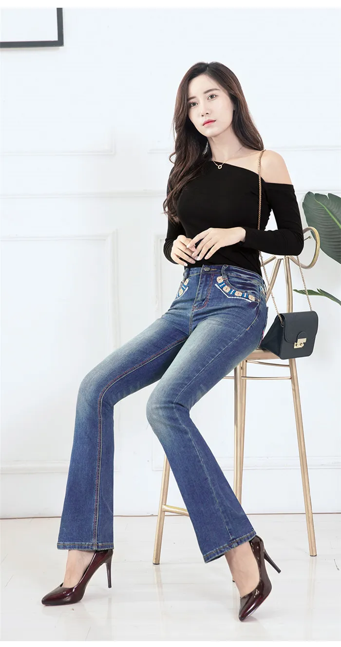 

2019 Spring stretch embroidery jeans women's trousers high waist abdomen slim hips