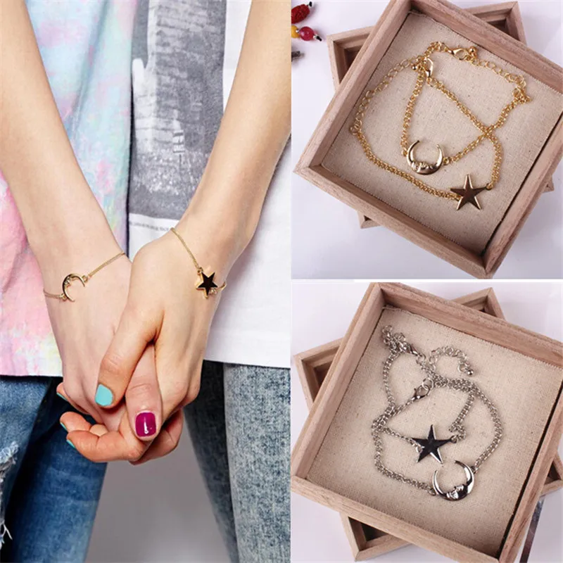 

LNRRABC 2 Pcs/Set Chic Simple Style Moon And Star Romantic Couple SilverBracelet Jewelry Accessories For Friends Bracelet Femme