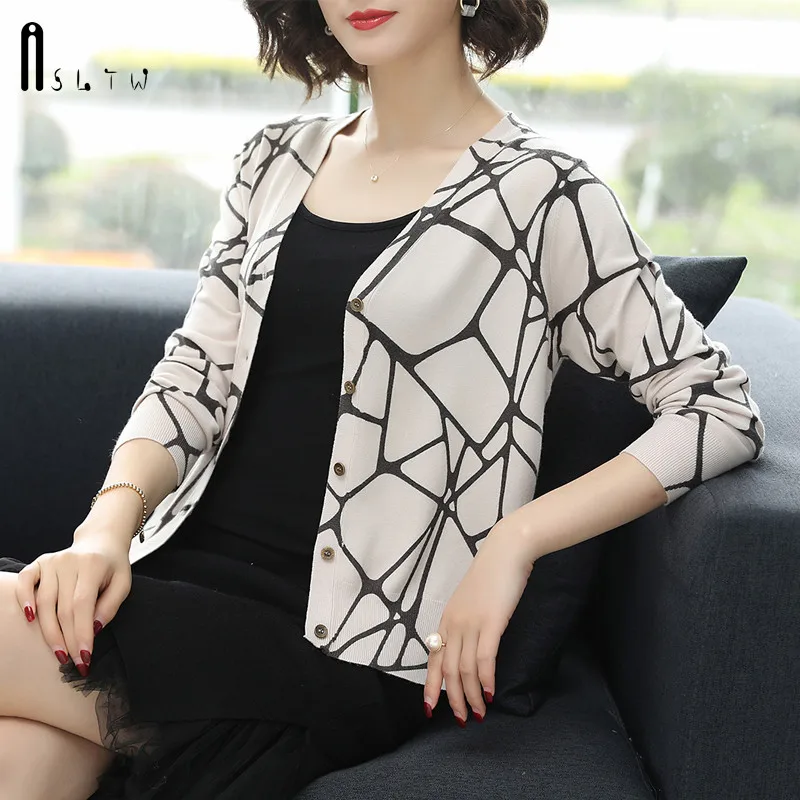 ASLTW Autumn Printed Sweater Women New Fashion Geometric V Neck Cardigan Female Plus Size Knitted Top Jumper Sweater - Color: Beige