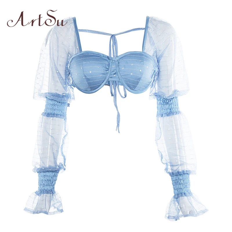 

ArtSu Blue Mesh Top Sexy Long Sleeve Crop Top Transparent Shirt Boho T-shirts Women T shirts Streetwear Summer Tops ASTS20809