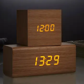 

2018 Hot Luminous USB Digital LED Wood Alarm Clock Voice Control Timer Thermometer For Home Decoration