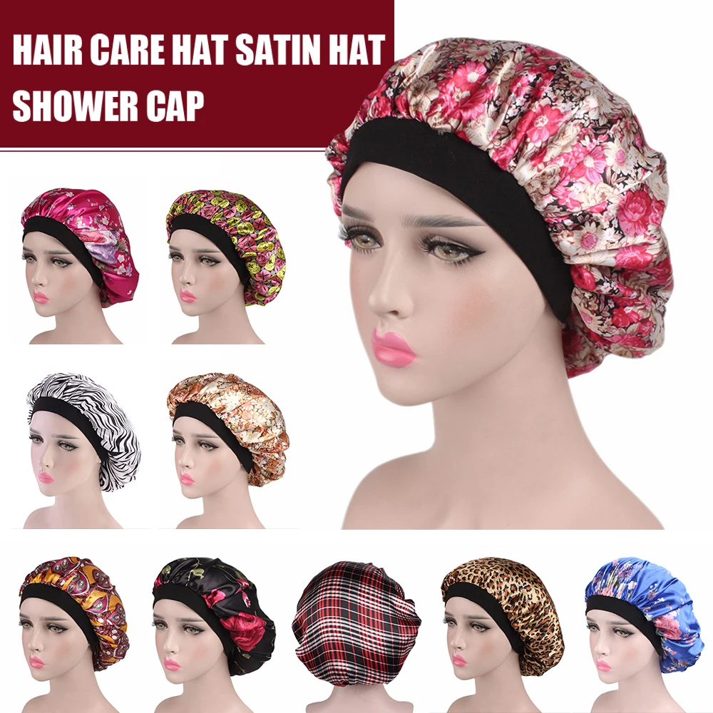 

2019 New Fashion Shower Caps For Ladies Women Waterproof Satin Cap Hair Bonnet Hat Silk Head Cover Wide Elastic Band
