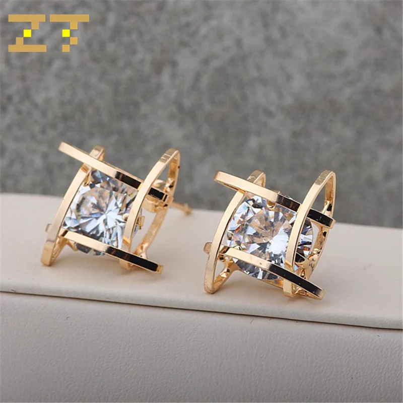 Горячая Распродажа модные циркониевые медные квадратные геометрические 3D крест креативные золотые серебряные серьги-гвоздики для серьги-капельки с кристаллом