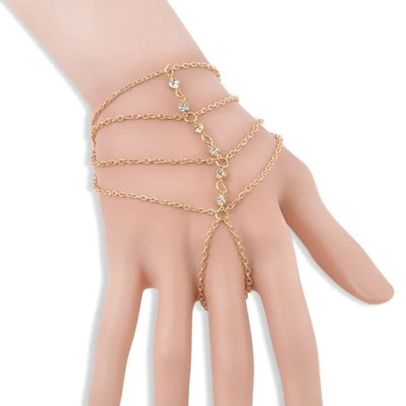 Fashion Ladys Bridal Wedding Crystal Rhinestone Slave Bracelet Hand Harness Ring