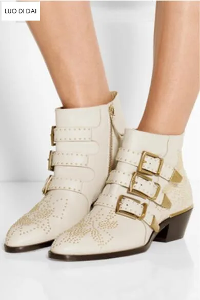Neue Schuhe Spitz As as Schwarz Besetzt Pic Stiefel Motorrad Booties Pic Dekoriert Frauen Stiefeletten Gurte Flüsse Leder Schnalle Starke Ferse rAZFrqx