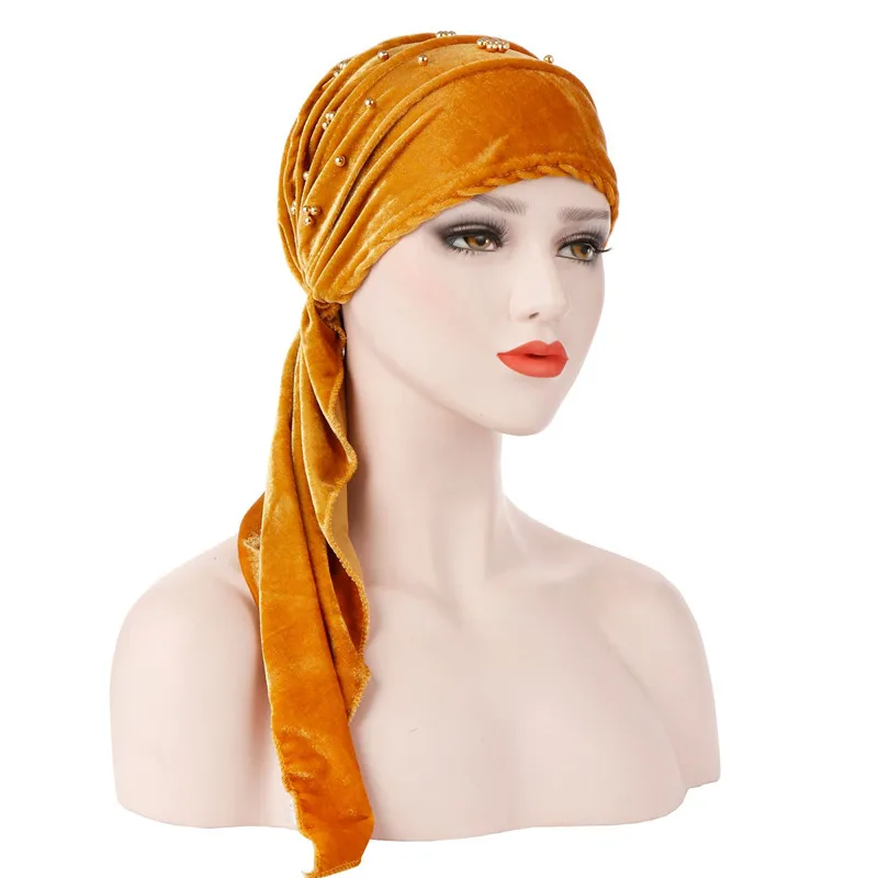 

Muslim Women Ruffle Bead Cotton Soft Stretchy Turban Hat Scarf Pre-Tied Cancer Chemo Beanies Headwear Head Wrap Hair Accessories