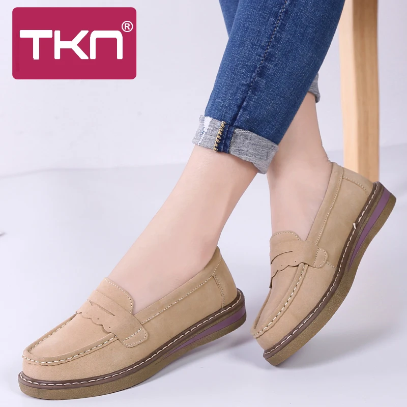 

TKN 2019 Spring Women Platform Flats Shoes Slip on Leather Suede Chaussure Femme Ballerina Flats Thick Soled Sneakers 3552