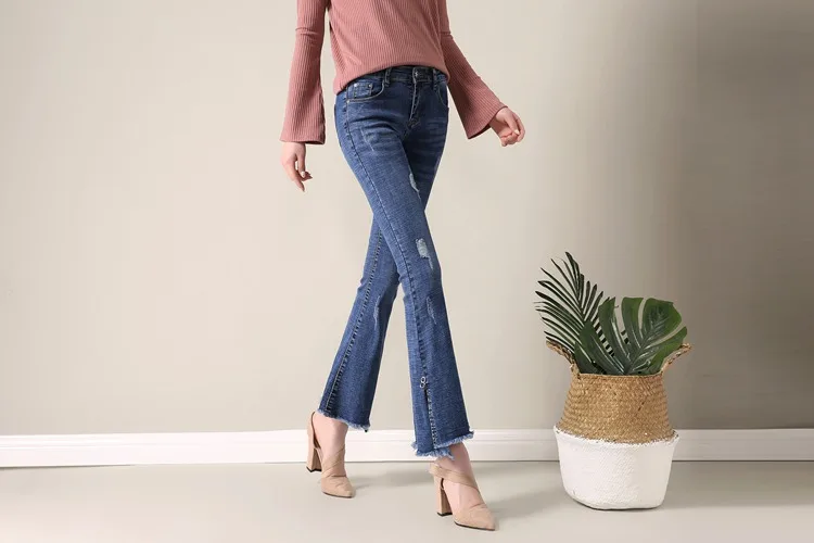 Летние расклешенные женские джинсы DONGDONGTA Новинка 2019 года ботильоны Длина женские с высокой талией джинсы для женщин джинсовые однотонные