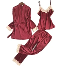 Новинка, женские роскошные пижамные комплекты, модные, 3 шт., Пижама, длинные штаны, набор, женская пижама, Шелковый домашний костюм, сексуальный халат, набор, мягкая Ночная одежда, хит