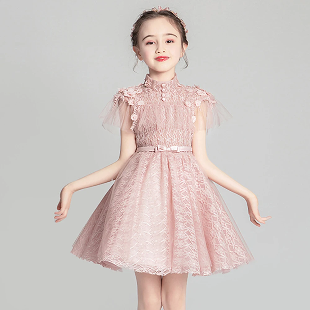 Элегантные капли платье с аппликацией для девочек кружевное платье с рукавами для первого причастия Короткие Детские бальные платья на день рождения сетчатые платья с бантом и поясом