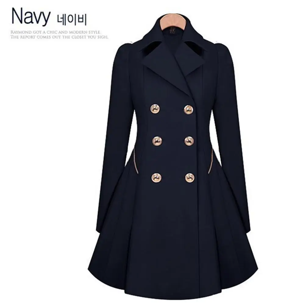 MISSKY зимнее осеннее Женское пальто одноцветное приталенное модное двубортное пальто с воротником с лацканами ветровка костюм - Цвет: Navy