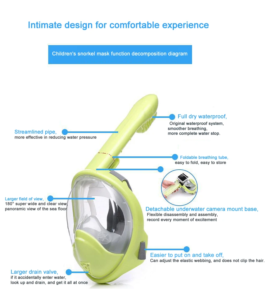 shiipping! дизайн дети свободное дыхание Подводное плавание маска с складная трубка и съемный камеры Монтаж держатель