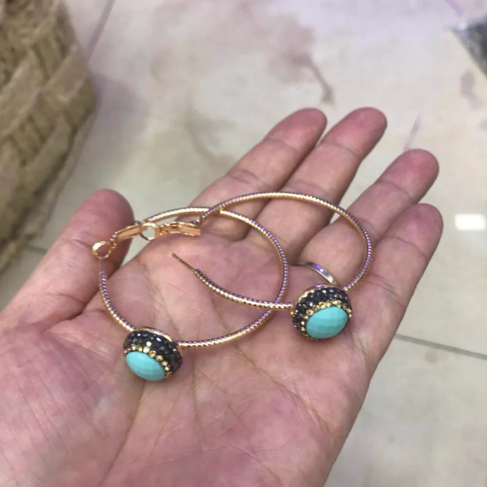 

Faceted TurquoiseS Blue Vintage Green Black Crystal Pave Black Golden Rhinestone Beads Charm Big Loop Hoop Earrings For Women