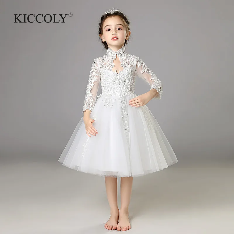 

Elegant White Tulle Sequin Flower Girl Ceremony Long Sleeve Pageant Princess Dress For Party Wedding Girl First Communion Gown