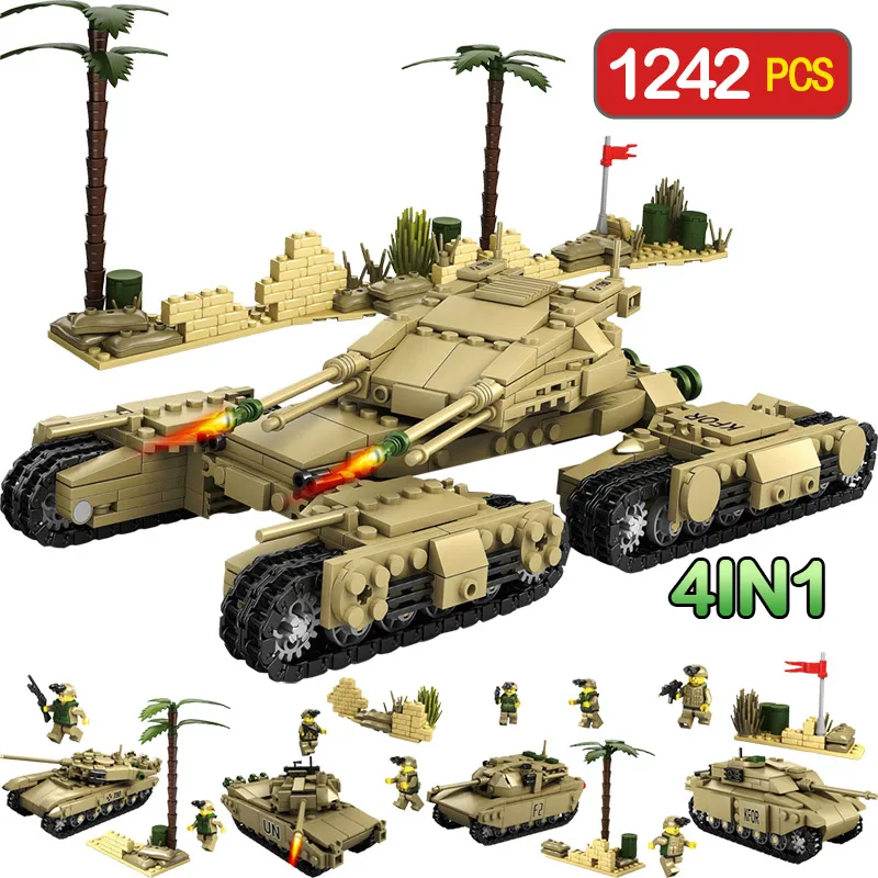 

1242pcs Army Model Tanks WW2 LegoINGL Military 4 In 1 Assemblage Building Blocks Set Weapon Tank DIY Bricks Children Toys