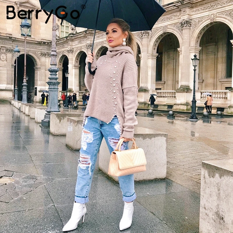 Online BerryGo Perlen rollkragen plus größe gestrickte pullover Lose split casual pullover Frauen 2018 Herbst winter langarm jumper