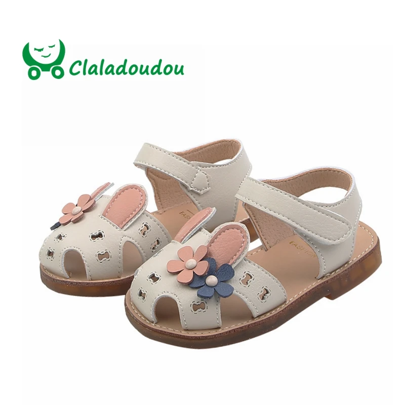 

Claladoudou13.5-15.5CM Brand Toddler Soft Cow Muscle Closed Toe Summer Sandals Cute Rabbit Flower Pearls 1-3Y Girls Beach Sandal