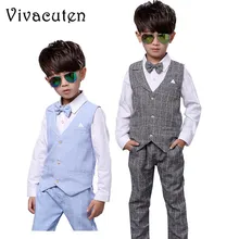 Детские торжественные костюмы для мальчиков; нарядное платье для дня рождения, свадьбы; клетчатая рубашка в джентльменском стиле; жилет, жилет, брюки; одежда для детей; F188