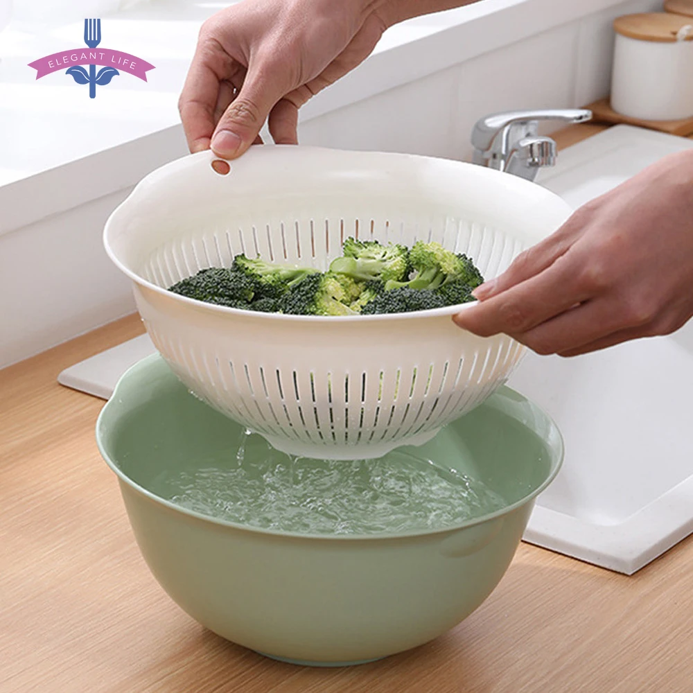 

Colander Fruit Vegetable Washing Basket Strainer Drainer Double-Layer Thick Silicone Round Storage Box Matte Hang Kitchen Tool