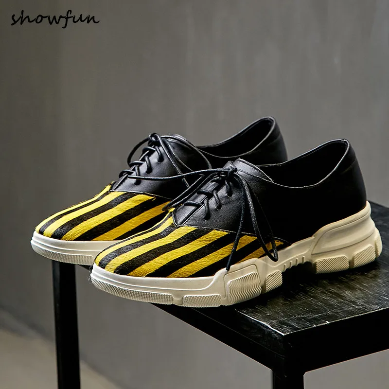 

Women's genuine leather horsehair lace-up flats oxfords brand designer leisure stripe sneakers high qualitu soft comfort shoes