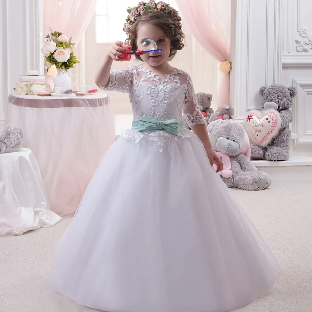 

Hot Sale White Long Sleeve Communion Dresses Crew Neck Solid Bow Sash Ball Gown Pageant Dress Robe De Communion Fille Blanche