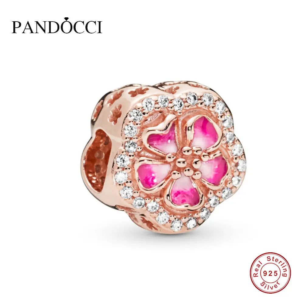 

925 Sterling Silver Rose Romantic Peach Blossom Charm Fit Original Women Bangle Bracelet Diy Jewelry Mother's Day Gift PANDOCCI