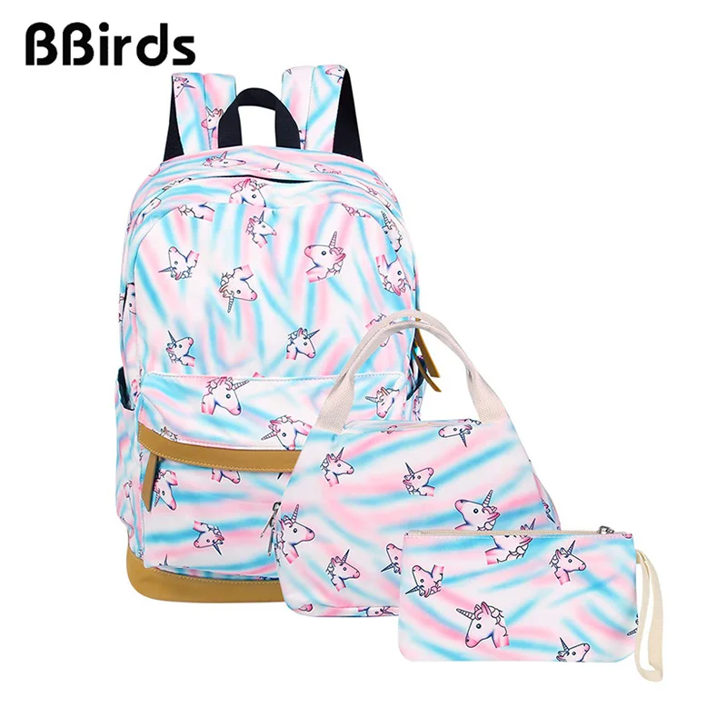 

BBirds 2019 Big Student Backpack 3Pcs/Set Rainbow Unicorn Printed School Bag for Teens Girls Travel Backpack Girl and Boy School