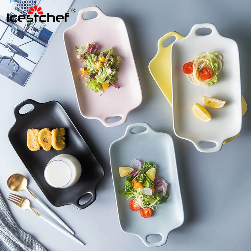 

ICESTCHEF Rectangle Ceramic Dessert Plates Porcelain Plates Set Dinner Ceramic Plate Dish For Kids Fruit Salad Plate Tableware