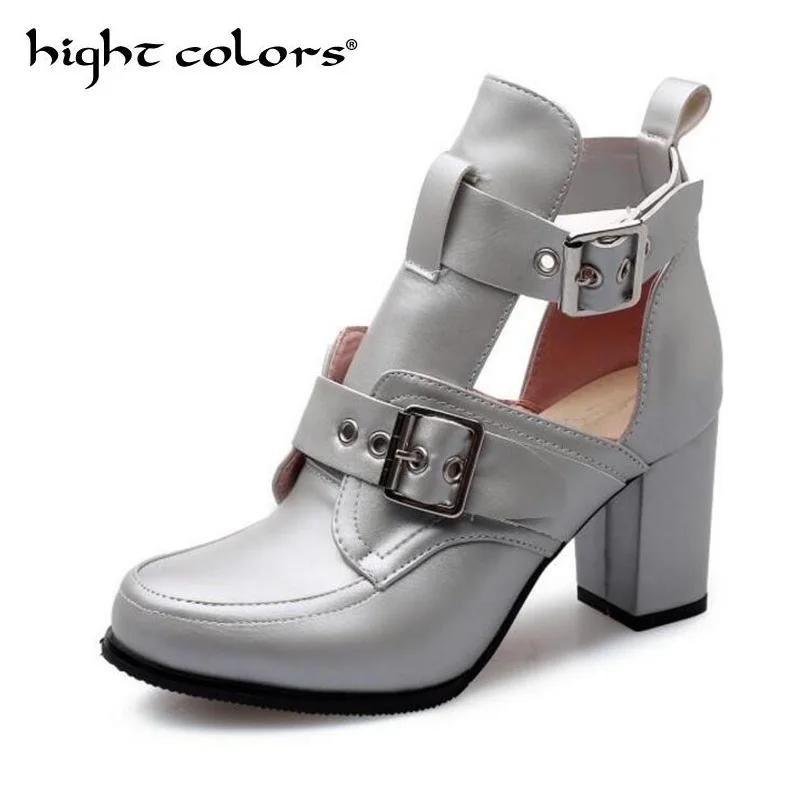 

Ankle Boots Pu Leather Casual High Heels Fashion Square Rubber Sliver Buckle Strap Shoes For Women Summer Boots Size 34-43