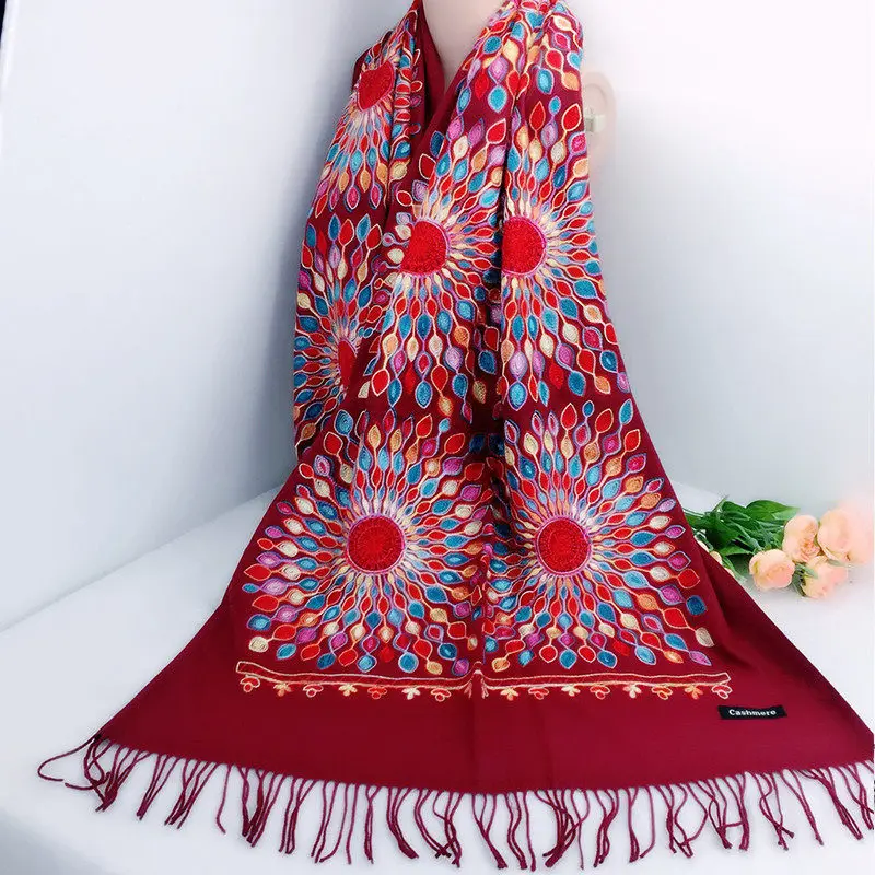 

Women Thick Cashmere Scarves Tibetan Nepal sun flower Scarf Embroidery Elegant Tassel Long Shawl Warm Pashmina Knitted Ladies