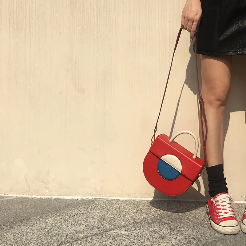 

2019 Summer New Women Lady Genuine Leather Cowhide Patchwork Designer Circular Handbags Shoulder Bag Crossbody Messenger Bags