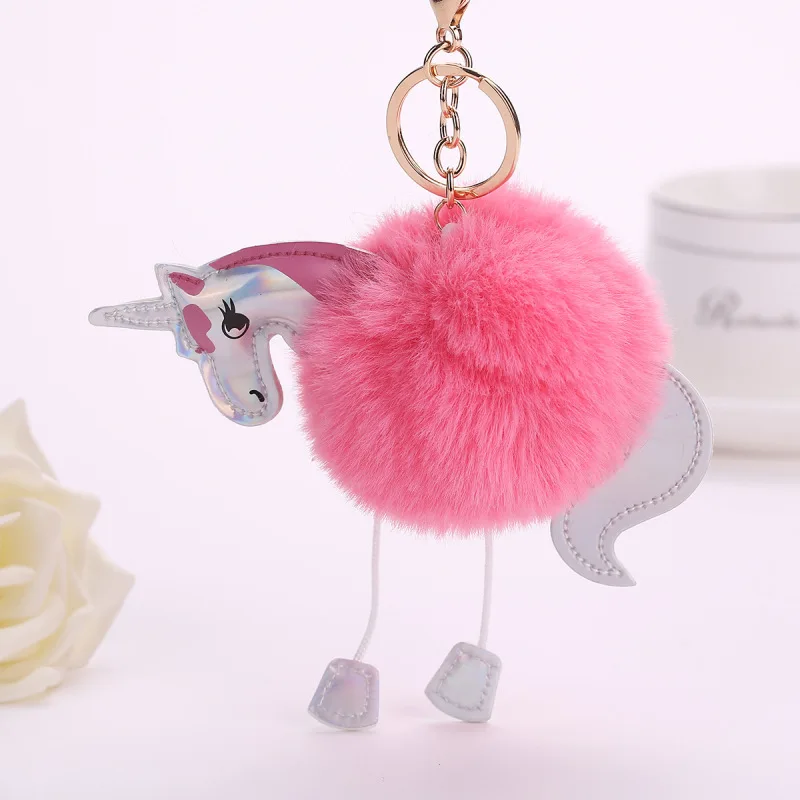 

Unicorn pom keychain Artificial pompoms rabbit fur ball pompon key chain women bag car keyring porte clef holder fluffy pom pom