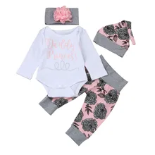 MUQGEW Одежда для маленьких девочек Комбинезон с надписью, Топы+ штаны с цветочным рисунком шапка, 4 предмета, Одежда для новорожденных девочек Moleton Infantil Q06