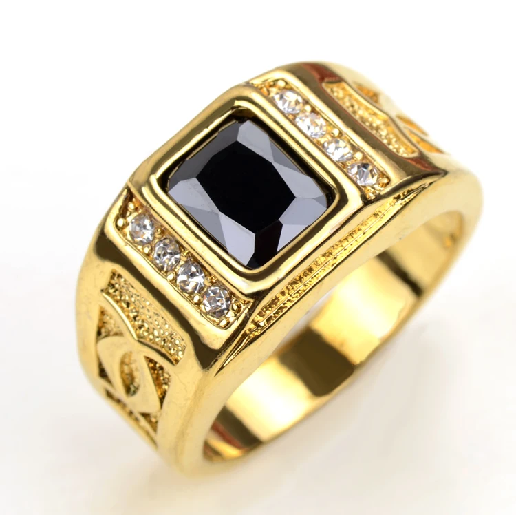 18K Real Gold Plated Finger Rings For Men With Black Stone Cubic