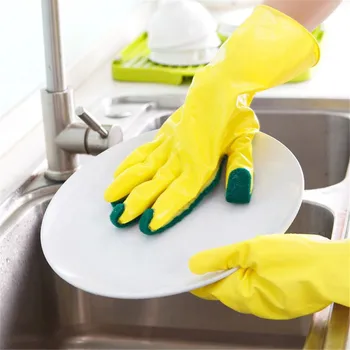 

Yellow Red Rubber Kitchen Wash Gloves Scrub Dishes Dish Washing Gloves With Scouring Cloths For Grease Dirt Cleaning Brush