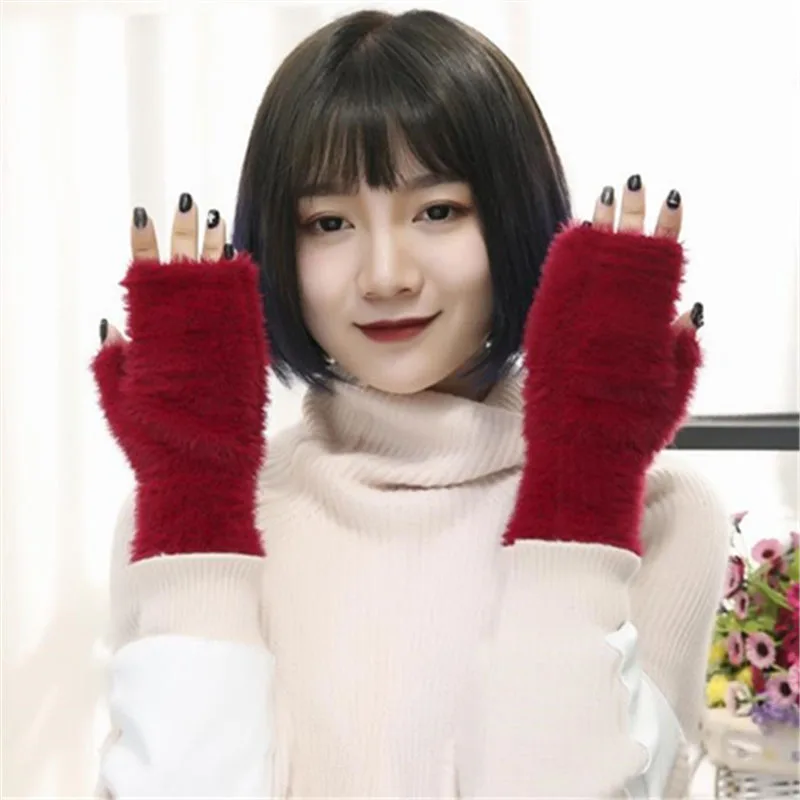 Woman Winter Fashion Warm Fluffy Lady Thick Solid Soft Gloves Fingerless Mittens