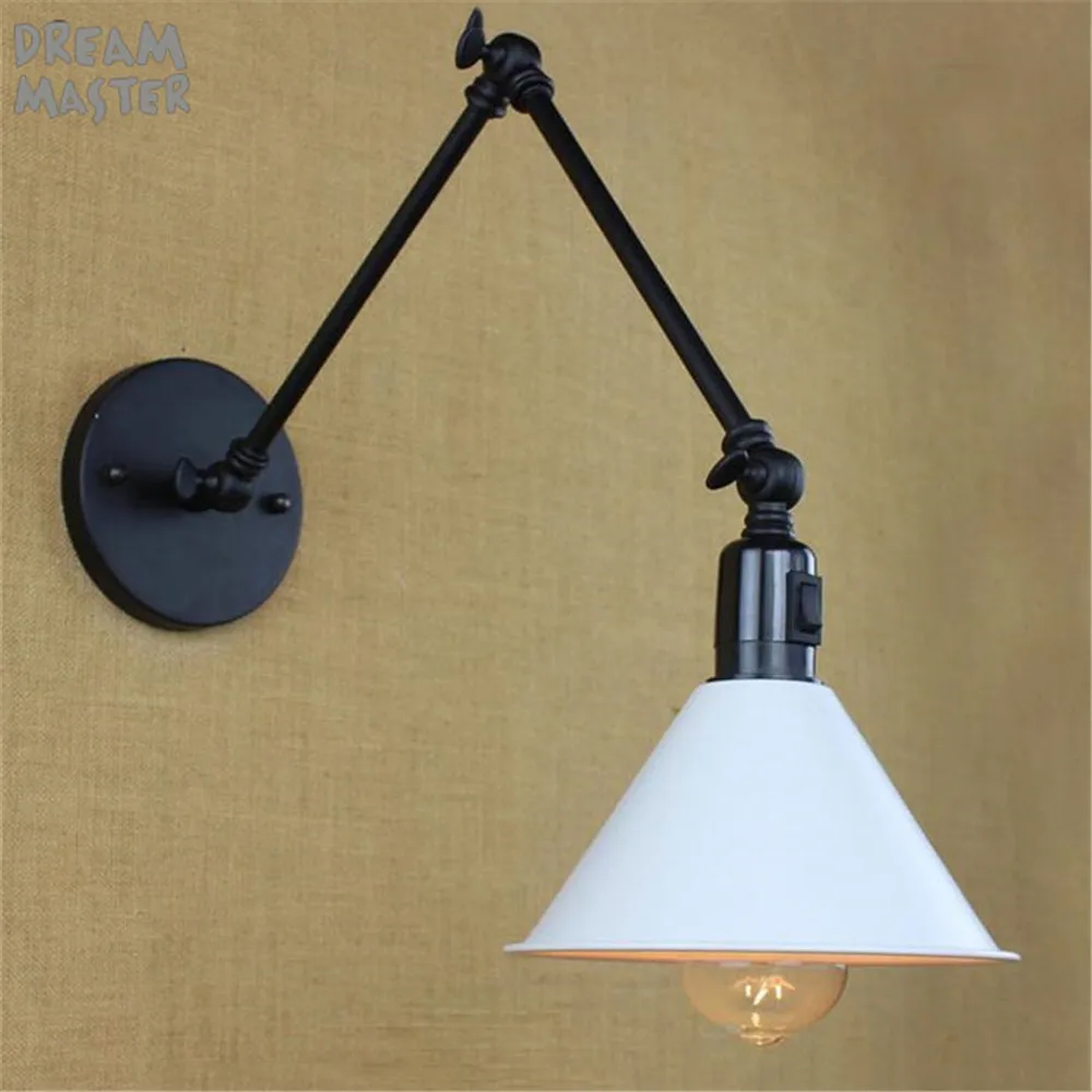 

Loft Industrial adjustable arm Metal Cover Corridor lamp White Iron Lampshade Wall lamp Fixture with switch on off sconces