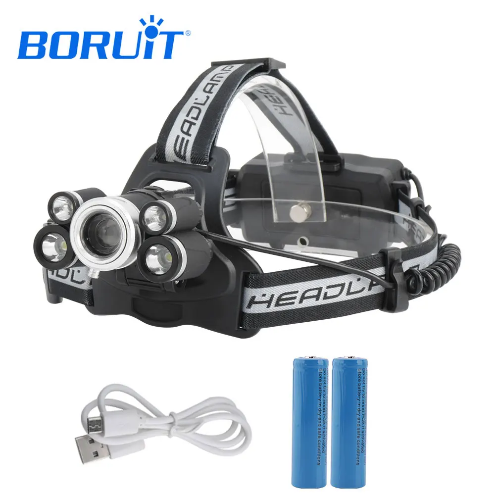 

BORUIT XML T6 Headlight 6000 Lumens 4-mode Zoomable Headlamp USB Rechargeable Head Lamp With 2*18650 Battery For Fishing Hunting