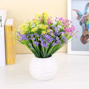 

2017 New 5pcs 7fork Artificial Plastic Flower Plants Floral Decor Fake Leaves Simulation Small Potted Plant Home wall Plant