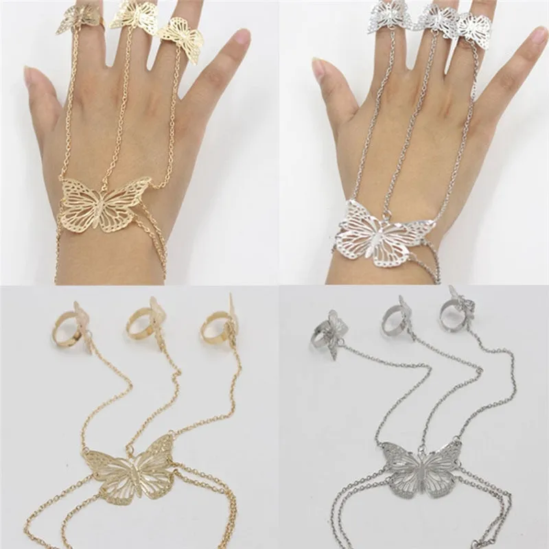 

1Pc Gold Silver Color Beauty Butterfly Link Chain Finger Rings Wrist Hand Harness For Women Fashion Jewelry Accessories