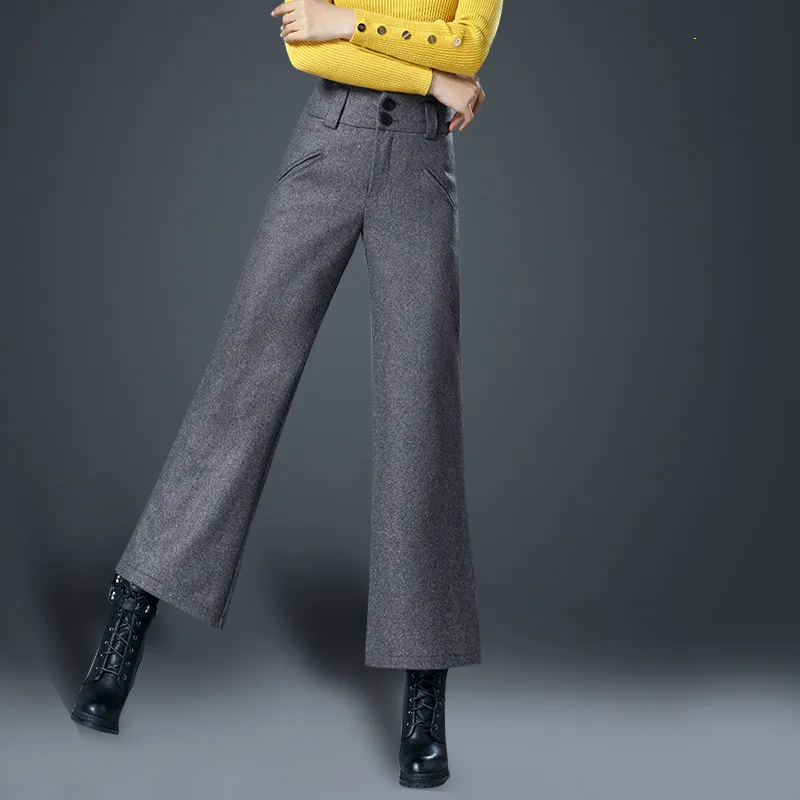 Autumn and Winter Woolen Wide Leg Pants Female High Waist Nine Points