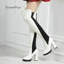 Теплые зимние сапоги выше колена на толстом высоком каблуке без застежки; модные женские сапоги до бедра на платформе смешанных цветов; цвет белый, красный, черный